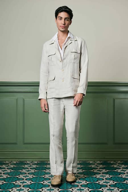 Buy Asuka White Linen Desert Mirage Safari Jacket With Trouser Online at Aza Fashions Buy_Asuka_White Linen Desert Mirage Safari Jacket With Trouser _Online_at_Aza_Fashions