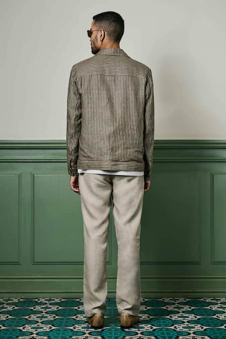 Shop_Asuka_Brown Houndstooth Pattern Linen Jacket _at_Aza_Fashions