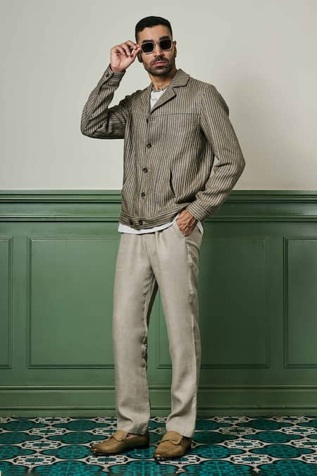 Buy_Asuka_Brown Houndstooth Pattern Linen Jacket _Online_at_Aza_Fashions