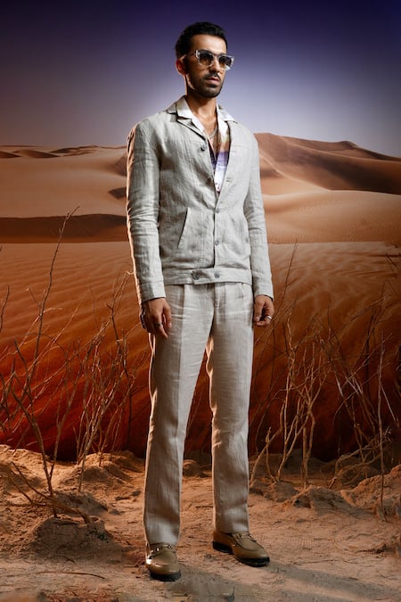 Shop_Asuka_Beige Linen Stripe Sahara Breeze Trucker Jacket _at_Aza_Fashions