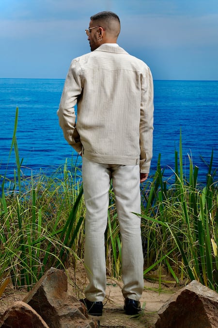 Shop Asuka Beige Linen Desert Dune Trucker Jacket at Aza Fashions Shop_Asuka_Beige Linen Desert Dune Trucker Jacket _at_Aza_Fashions