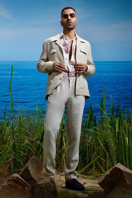 Asuka Beige Linen Desert Dune Trucker Jacket Online at Aza Fashions Asuka_Beige Linen Desert Dune Trucker Jacket _Online_at_Aza_Fashions