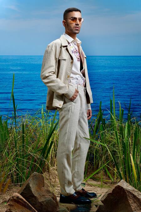 Buy Asuka Beige Linen Desert Dune Trucker Jacket Online at Aza Fashions Buy_Asuka_Beige Linen Desert Dune Trucker Jacket _Online_at_Aza_Fashions