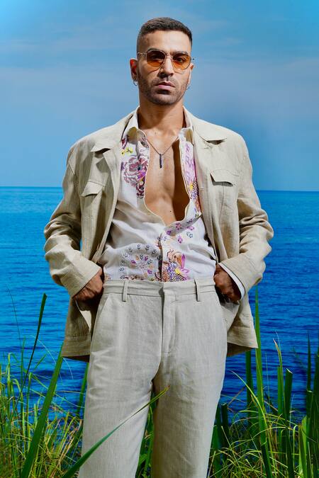 Asuka Beige Linen Desert Dune Trucker Jacket at Aza Fashions Asuka_Beige Linen Desert Dune Trucker Jacket _at_Aza_Fashions