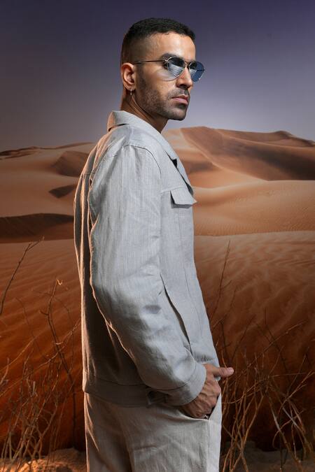 Asuka Grey Linen Wanderer Trucker Jacket Online at Aza Fashions Asuka_Grey Linen Wanderer Trucker Jacket _Online_at_Aza_Fashions