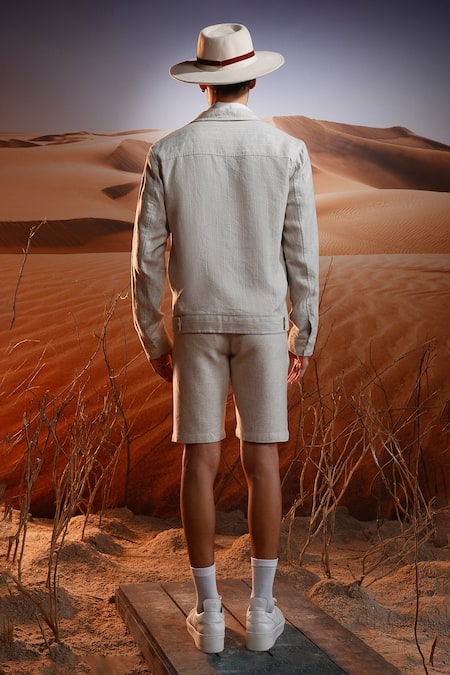 Shop Asuka Beige Linen Chalk Stripe Pattern Jacket at Aza Fashions Shop_Asuka_Beige Linen Chalk Stripe Pattern Jacket _at_Aza_Fashions