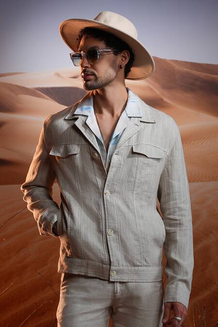 Buy Asuka Beige Linen Chalk Stripe Pattern Jacket Online at Aza Fashions Buy_Asuka_Beige Linen Chalk Stripe Pattern Jacket _Online_at_Aza_Fashions