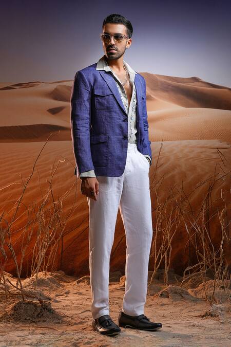 Buy_Asuka_Blue Delave Linen Voyager Blazer _Online_at_Aza_Fashions