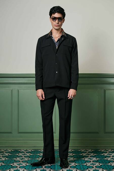 Asuka_Black Crepe Geometric Texture Jacket With Trouser _Online_at_Aza_Fashions