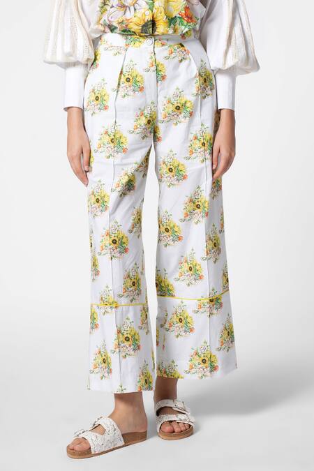 Ekastories_White Cotton Floral Print Straight Pant_Online_at_Aza_Fashions