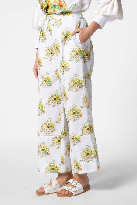 Buy_Ekastories_White Cotton Floral Print Straight Pant_Online_at_Aza_Fashions
