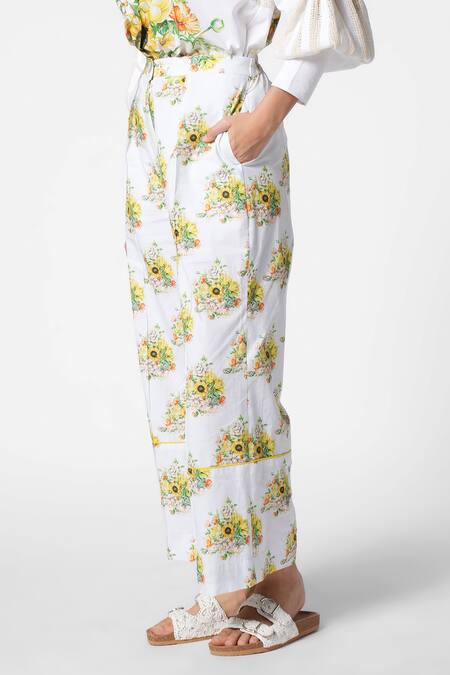 Shop_Ekastories_White Cotton Floral Print Straight Pant_Online_at_Aza_Fashions