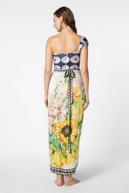 Shop Ekastories White Modal, Satin Floral Print Sarong Skirt at Aza Fashions Shop_Ekastories_White Modal, Satin Floral Print Sarong Skirt_at_Aza_Fashions