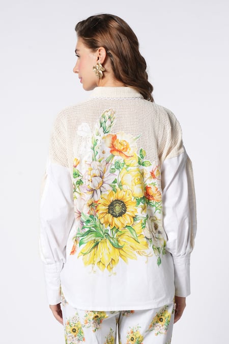 Shop_Ekastories_White Cotton Poplin Collared Floral Fantasy Printed Shirt _at_Aza_Fashions