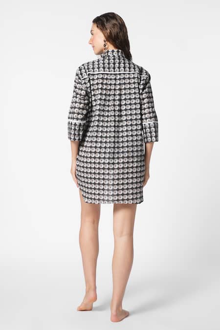 Shop Ekastories Black Cotton Embroidery Collared Patchwork Printed Shirt at Aza Fashions Shop_Ekastories_Black Cotton Embroidery Collared Patchwork Printed Shirt_at_Aza_Fashions