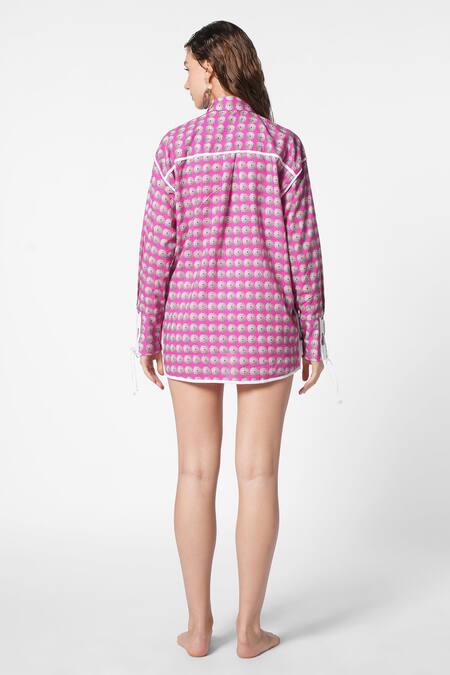 Shop Ekastories Pink Cotton Collared Printed Patchwork Shirt at Aza Fashions Shop_Ekastories_Pink Cotton Collared Printed Patchwork Shirt_at_Aza_Fashions