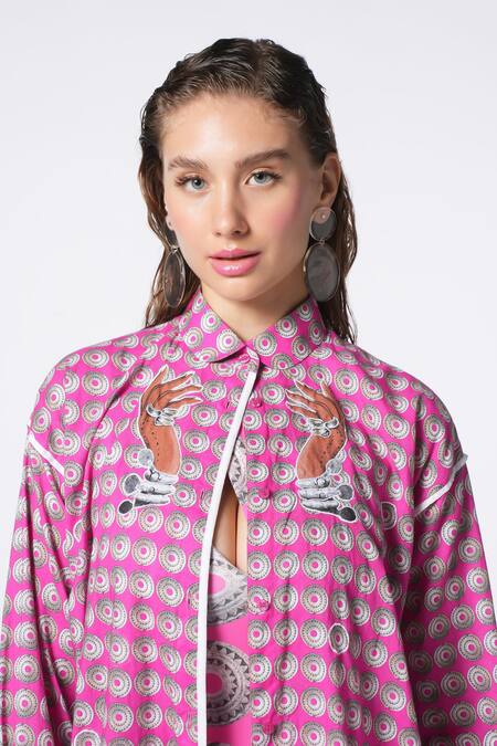 Buy Ekastories Pink Cotton Collared Printed Patchwork Shirt Online at Aza Fashions Buy_Ekastories_Pink Cotton Collared Printed Patchwork Shirt_Online_at_Aza_Fashions