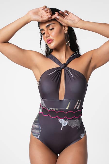 Buy_Ekastories_Grey Lycra Crew Neck Euphoric Draped Criss Cross Swimsuit_Online_at_Aza_Fashions