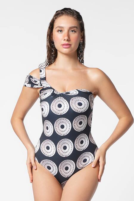 Ekastories_Black Lycra Printed Geometric One-shoulder Swimsuit _Online_at_Aza_Fashions