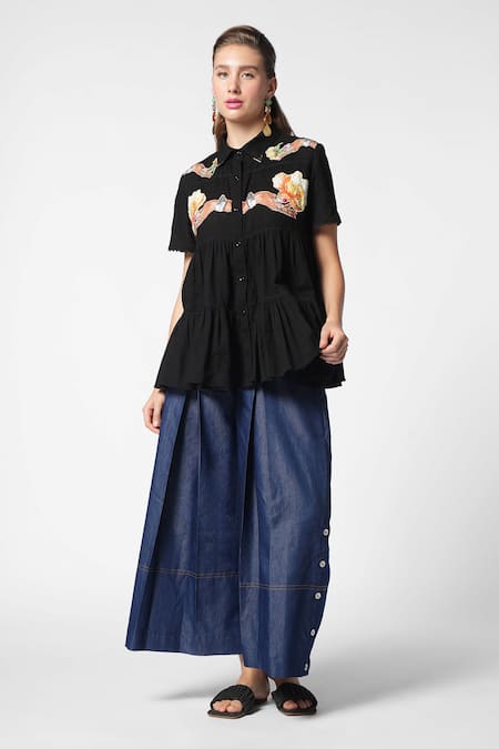 Ekastories Black Cotton Slub Printed Collared Tiered Patchwork Top 