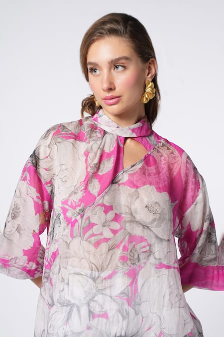 Buy_Ekastories_Pink Chanderi Mul Printed Floral High Round Top _Online_at_Aza_Fashions