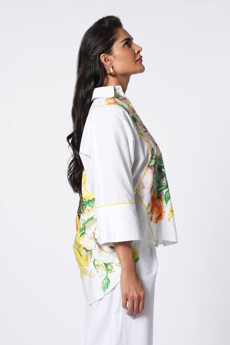 Ekastories_White Cotton Poplin Collared Daydream Alchemy Asymmetric Top _Online_at_Aza_Fashions
