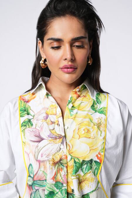Buy_Ekastories_White Cotton Poplin Collared Daydream Alchemy Asymmetric Top _Online_at_Aza_Fashions