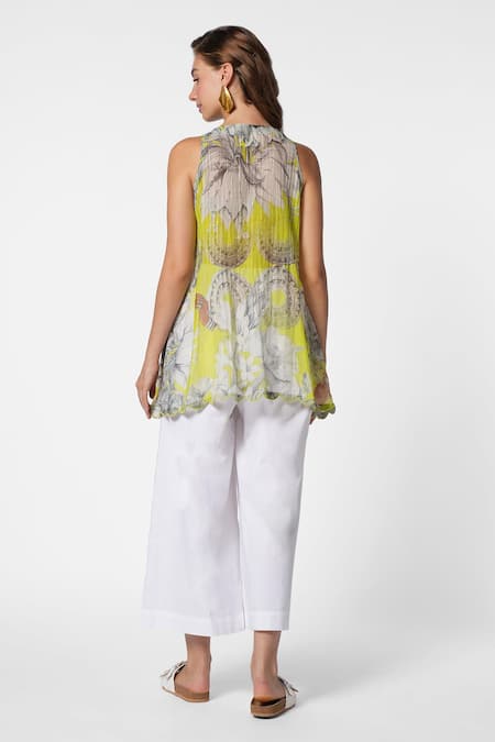 Shop_Ekastories_Green Chanderi Mul Printed Floral Round Pintucked Top _at_Aza_Fashions