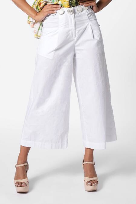 Ekastories_White Cotton Mul Ethereal Cropped Trouser _Online_at_Aza_Fashions