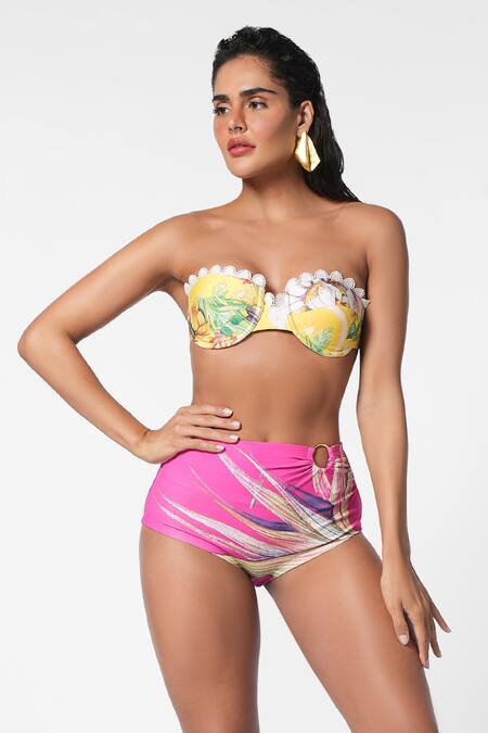 Buy_Ekastories_Multi Color Lycra Sweetheart Neck Fern Bloom Bikini Bustier With Bottom_Online_at_Aza_Fashions