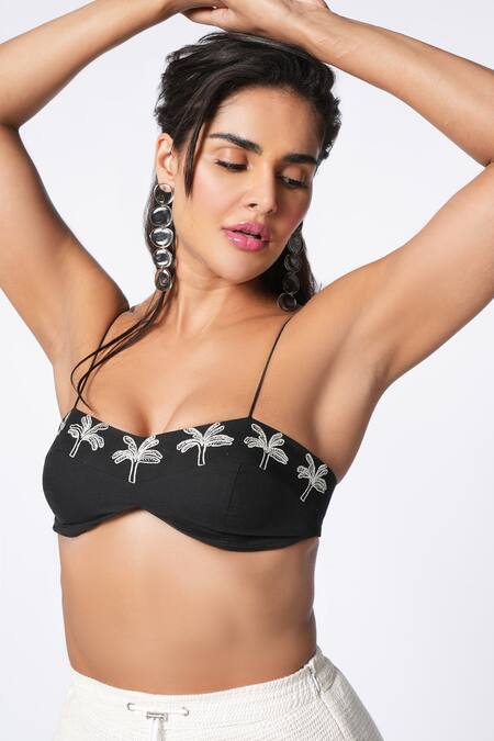 Buy Ekastories Black Cotton, Poplin Sweetheart Neck Palm Tree Embroidered Bikini Bralette Online at Aza Fashions Buy_Ekastories_Black Cotton, Poplin Sweetheart Neck Palm Tree Embroidered Bikini Bralette_Online_at_Aza_Fashions