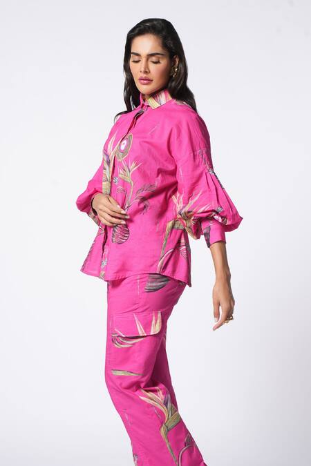 Shop Ekastories Pink Cotton Embroidery Radiating Wonder Fern Blossom Print Shirt With Pant at Aza Fashions Shop_Ekastories_Pink Cotton Embroidery Radiating Wonder Fern Blossom Print Shirt With Pant_at_Aza_Fashions