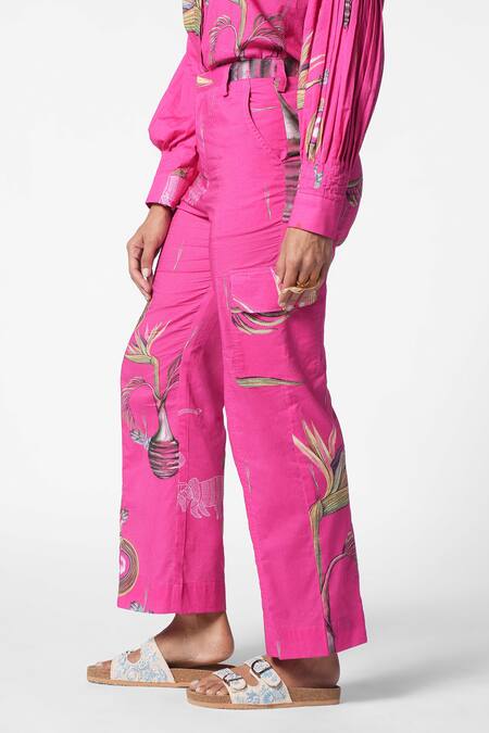 Ekastories Pink Cotton Embroidery Radiating Wonder Fern Blossom Print Shirt With Pant Online at Aza Fashions Ekastories_Pink Cotton Embroidery Radiating Wonder Fern Blossom Print Shirt With Pant_Online_at_Aza_Fashions