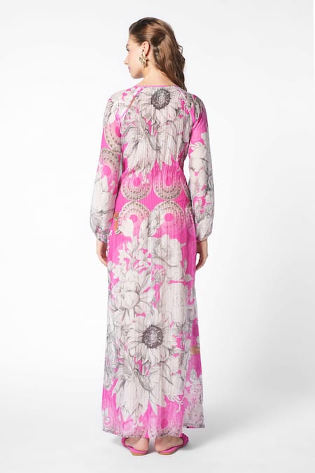 Shop_Ekastories_Pink Chanderi Collared Blissful Petunia Bloom Print Maxi Dress_at_Aza_Fashions