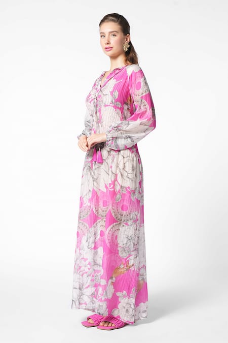 Ekastories_Pink Chanderi Collared Blissful Petunia Bloom Print Maxi Dress_Online_at_Aza_Fashions