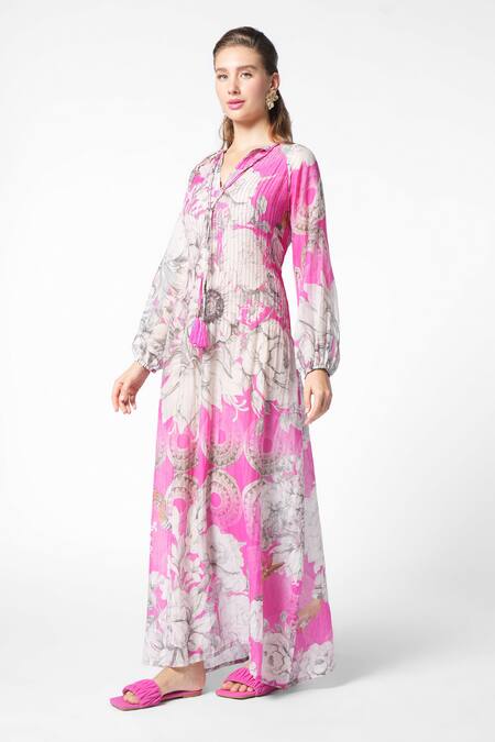 Buy_Ekastories_Pink Chanderi Collared Blissful Petunia Bloom Print Maxi Dress_Online_at_Aza_Fashions