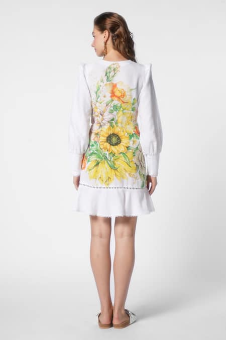 Shop Ekastories White Cotton V-neck Dreamy Reverie Sunflower Print Short Dress at Aza Fashions Shop_Ekastories_White Cotton V-neck Dreamy Reverie Sunflower Print Short Dress_at_Aza_Fashions