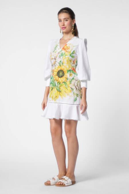 Ekastories White Cotton V-neck Dreamy Reverie Sunflower Print Short Dress Online at Aza Fashions Ekastories_White Cotton V-neck Dreamy Reverie Sunflower Print Short Dress_Online_at_Aza_Fashions