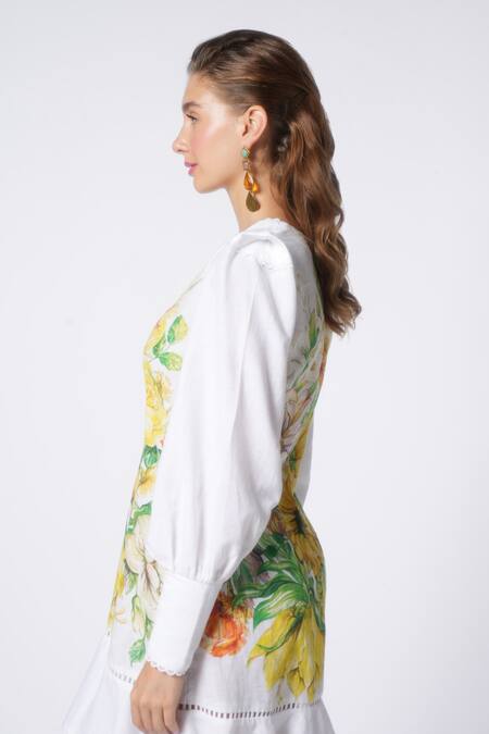 Buy Ekastories White Cotton V-neck Dreamy Reverie Sunflower Print Short Dress Online at Aza Fashions Buy_Ekastories_White Cotton V-neck Dreamy Reverie Sunflower Print Short Dress_Online_at_Aza_Fashions