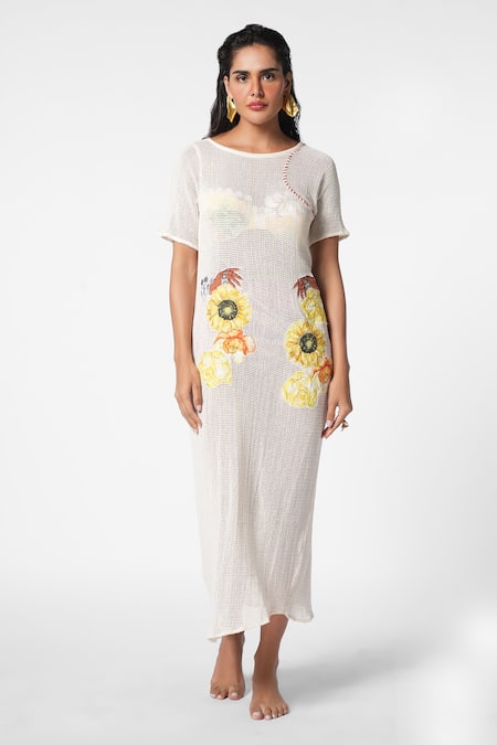 Ekastories_White Cotton Embroidery Round Neck Mystic Fantasy Mesh Maxi Dress _Online_at_Aza_Fashions
