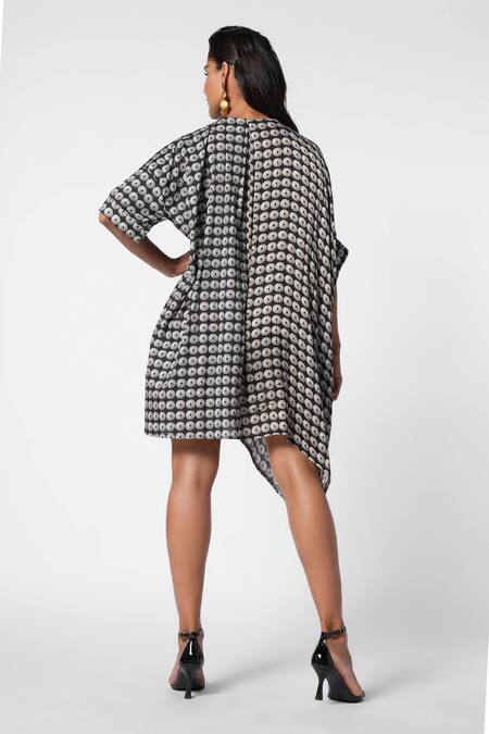 Shop Ekastories Black Modal, Satin Boat Neck Playful Ancient Circlet Print Asymmetric Dress at Aza Fashions Shop_Ekastories_Black Modal, Satin Boat Neck Playful Ancient Circlet Print Asymmetric Dress_at_Aza_Fashions