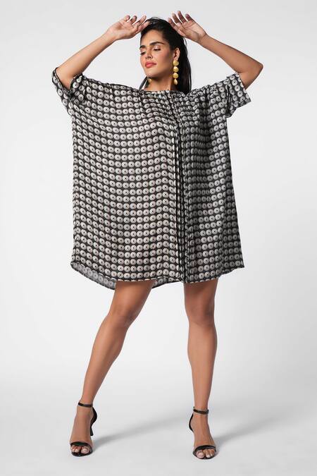 Ekastories Black Modal, Satin Boat Neck Playful Ancient Circlet Print Asymmetric Dress Online at Aza Fashions Ekastories_Black Modal, Satin Boat Neck Playful Ancient Circlet Print Asymmetric Dress_Online_at_Aza_Fashions