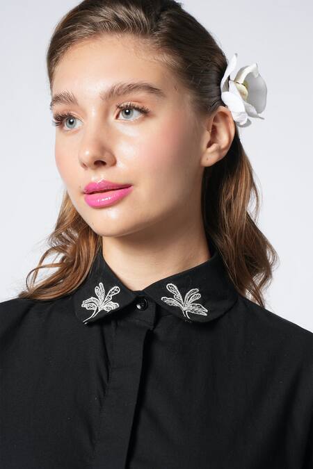 Buy_Ekastories_Black Cotton Embroidery Collared Paradise Palm Tree Dress_Online_at_Aza_Fashions