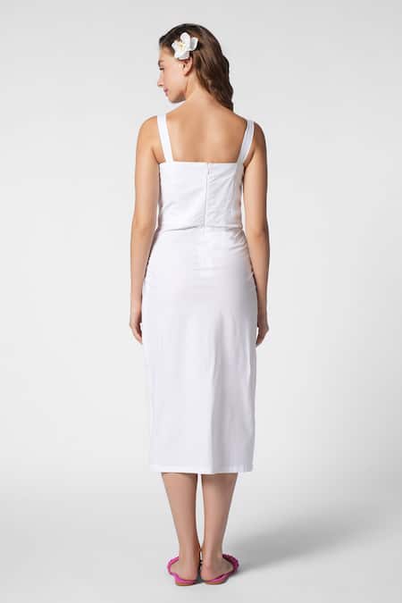 Shop Ekastories White Cotton, Poplin Embroidery Sweetheart Neck Paradise Palm Tree Midi Dress at Aza Fashions Shop_Ekastories_White Cotton, Poplin Embroidery Sweetheart Neck Paradise Palm Tree Midi Dress_at_Aza_Fashions