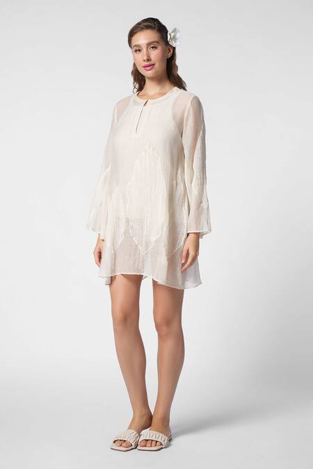 Ekastories_Off White Chanderi Embroidery Round Surreal Enchantment Leaf Dress With Inner_Online_at_Aza_Fashions