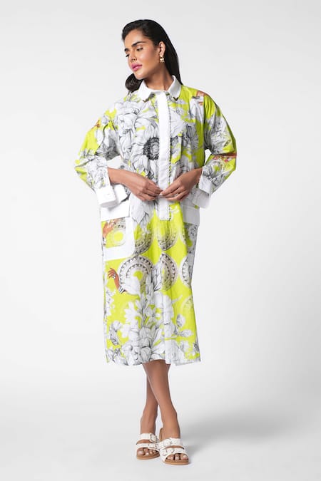 Ekastories Green Cotton Poplin Print Flora Collar Neck Tranquil Splendour Shirt Dress 