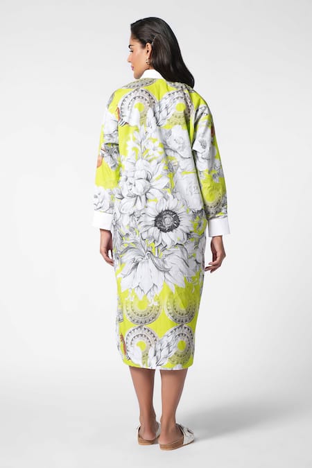 Shop Ekastories Green Cotton Collared Tranquil Splendour Flora Print Shirt Dress at Aza Fashions Shop_Ekastories_Green Cotton Collared Tranquil Splendour Flora Print Shirt Dress_at_Aza_Fashions