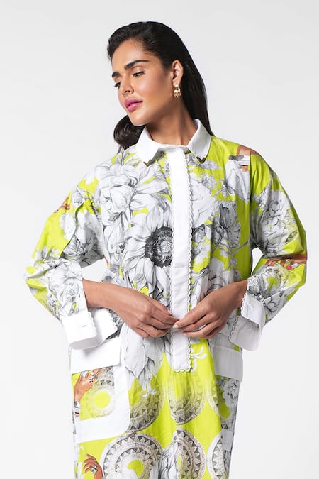 Ekastories Green Cotton Collared Tranquil Splendour Flora Print Shirt Dress Online at Aza Fashions Ekastories_Green Cotton Collared Tranquil Splendour Flora Print Shirt Dress_Online_at_Aza_Fashions