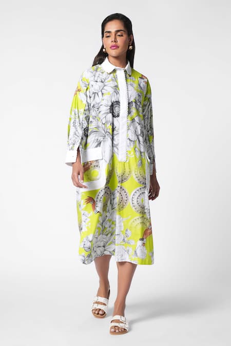 Buy Ekastories Green Cotton Collared Tranquil Splendour Flora Print Shirt Dress Online at Aza Fashions Buy_Ekastories_Green Cotton Collared Tranquil Splendour Flora Print Shirt Dress_Online_at_Aza_Fashions