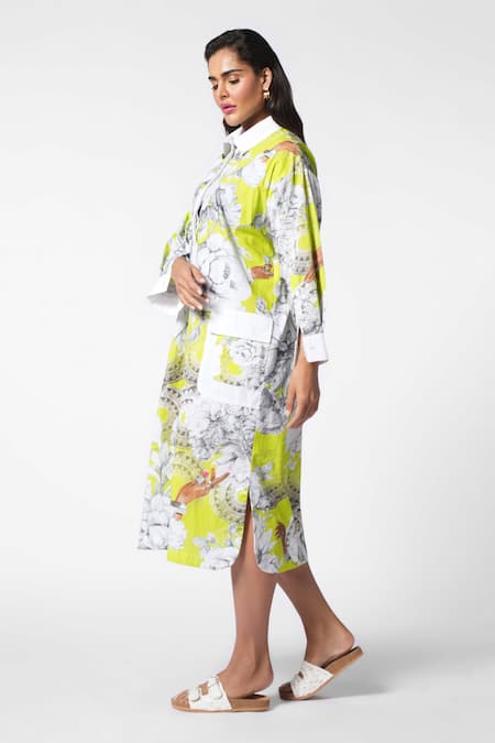 Shop Ekastories Green Cotton Collared Tranquil Splendour Flora Print Shirt Dress Online at Aza Fashions Shop_Ekastories_Green Cotton Collared Tranquil Splendour Flora Print Shirt Dress_Online_at_Aza_Fashions